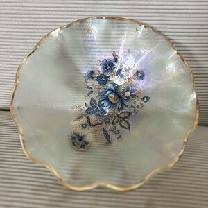 Elegant Blue and Gold Floral Glass Bowl
